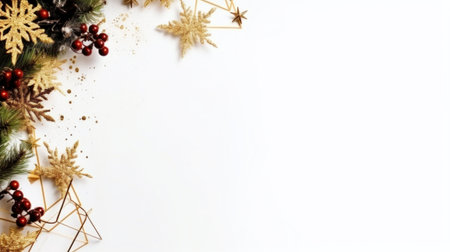 Christmas background. Festive decoration on white wooden background. Flat lay, top view, copy space.の写真素材