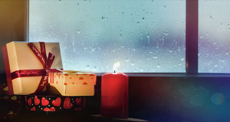 Gift box with red ribbon and candle on the window with raindrops