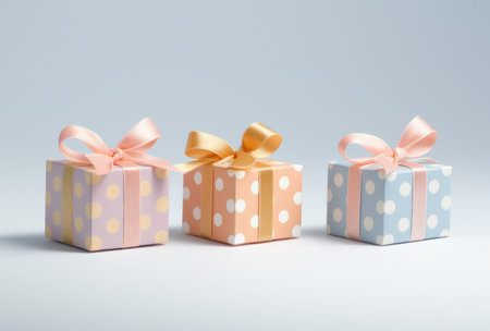 Three gift boxes with bows and ribbons on a light background.