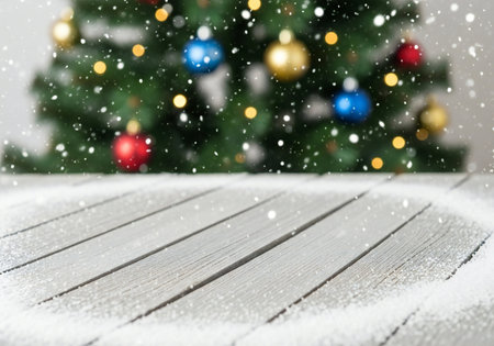 Christmas tree and snowflakes on white wooden table. Christmas backgroundの写真素材