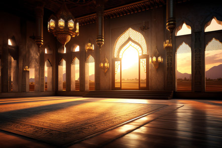 3D rendering of a mosque with a beautiful sunset in the backgroundの写真素材