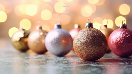 Colorful Christmas baubles on a bokeh background.