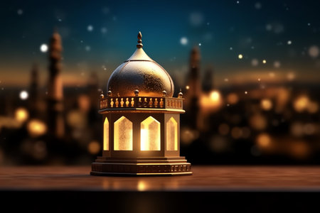 3d rendering of Ramadan Kareem background with golden lantern and mosque