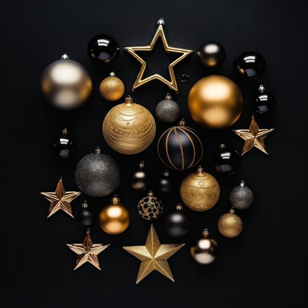 Christmas decoration on black background. Golden and black baubles, stars and ribbons