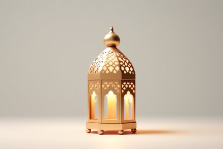 3d rendering of Ramadan Kareem lantern with gold and white background