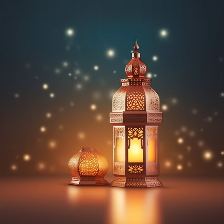 Ramadan Kareem greeting card with arabic lanterns and glowing lights