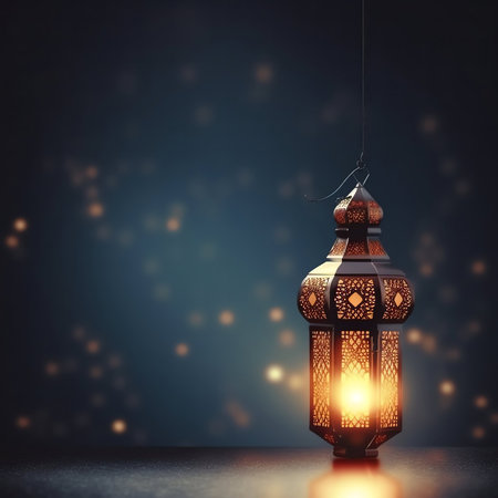 Lantern on dark background. Ramadan Kareem greeting card.