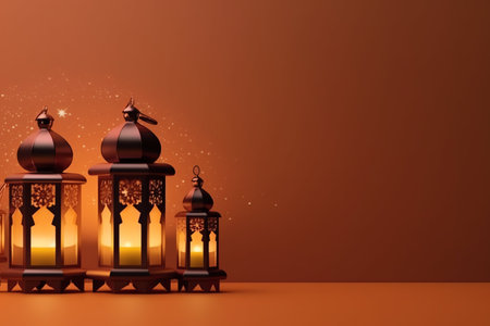 Ramadan Kareem Greeting Card. Ramadan lanterns on orange background. 3D Render