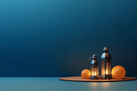 Background with lanterns and orange balls. 3d renderingの写真素材