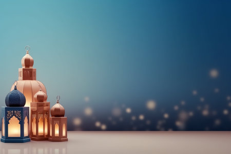 Ramadan Kareem background with mosque and lanterns. 3D rendering