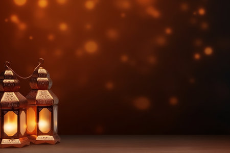 Ramadan Kareem background with arabic lanterns on wooden table
