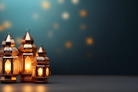 Ramadan Kareem greeting card. Arabic lanterns on dark backgroundの写真素材
