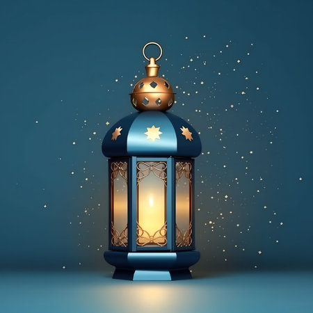Ramadan Kareem greeting card with Arabic lantern on blue background.の写真素材