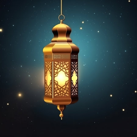 Ramadan Kareem background with golden lanterns. Vector illustration.