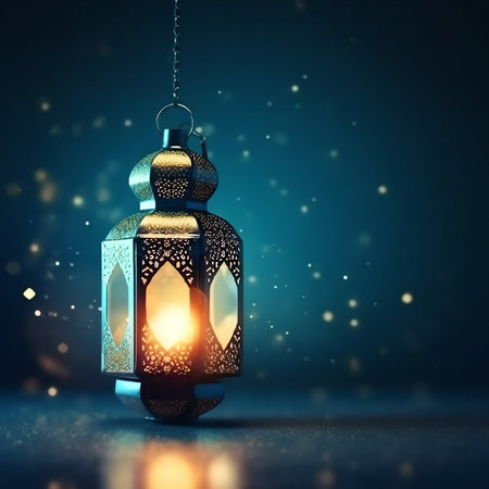Lantern with burning candle on a dark background. Ramadan Kareem greeting cardの写真素材