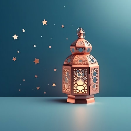Lantern on a blue background. Ramadan Kareem. 3D rendering