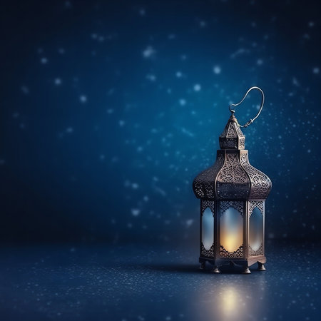 Lantern on blue background. Ramadan Kareem greeting card.の写真素材