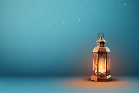 Lantern on blue background. Ramadan Kareem greeting card.の写真素材