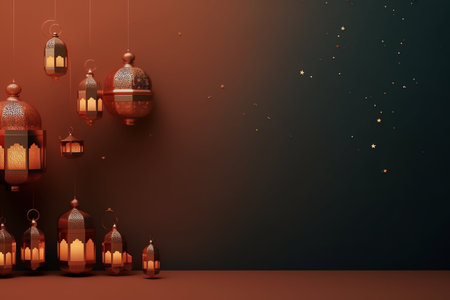 3d rendering of Ramadan Kareem background with hanging lanterns.