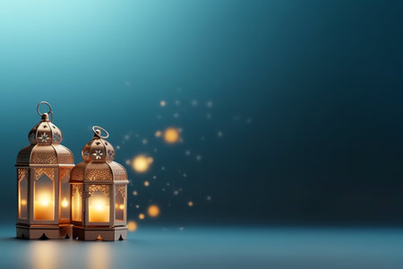 Ramadan Kareem background with Arabic lanterns and bokeh lights