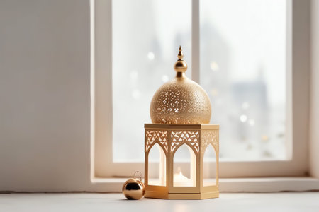 Ramadan Kareem lantern on white windowsill with blurred city viewの写真素材