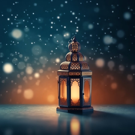 Lantern on the table. Ramadan Kareem greeting card.