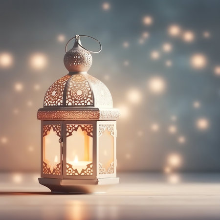 Lantern on wooden table with bokeh background.