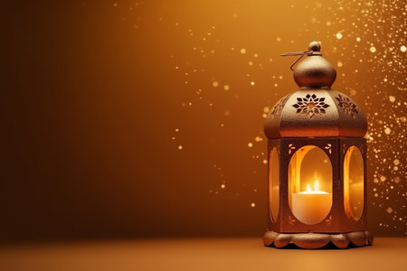 Lantern with burning candle on brown background.