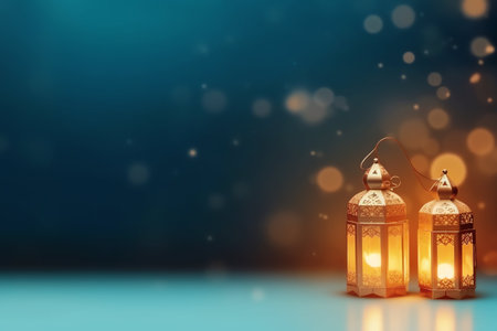 Ramadan Kareem background with glowing lanterns and bokeh.の写真素材