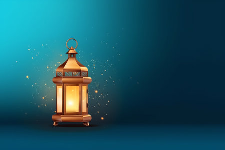 Ramadan Kareem Greeting Card. Golden Lantern on Blue Background. Vector Illustration