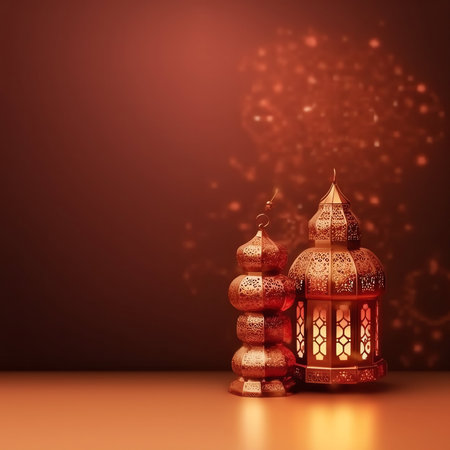 Ramadan Kareem greeting card with Arabic lantern and bokeh lights