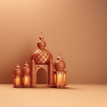 3d rendering of Ramadan Kareem lanterns with golden color backgroundの写真素材