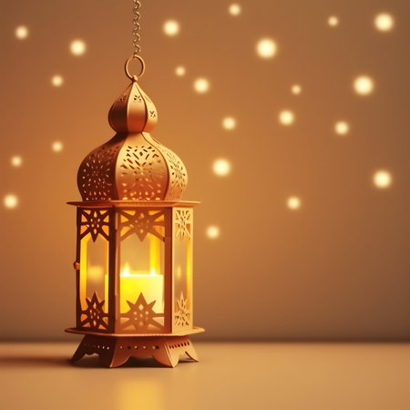 Ramadan Kareem Greeting Card. Ramadan Kareem lantern with burning candle on brown background. 3D...