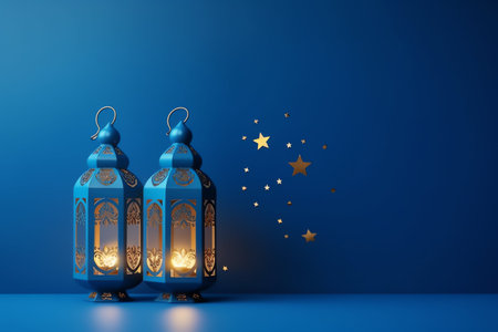 Ramadan Kareem Greeting Card. Ramadan lanterns on blue background.