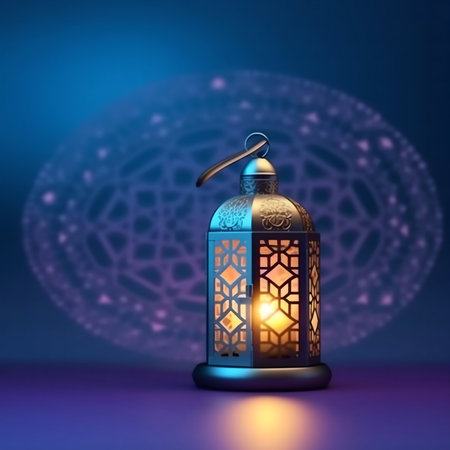 3d rendering of Ramadan Kareem lantern on blue background with bokeh