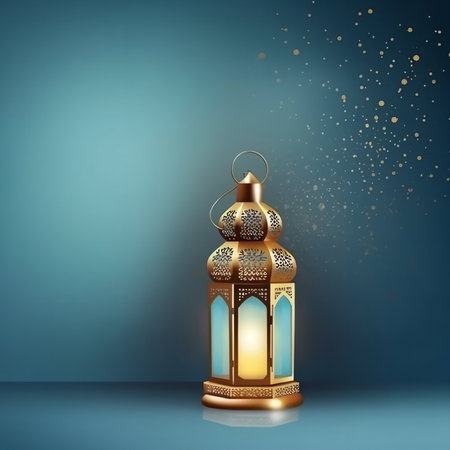 Ramadan Kareem Greeting Card. Golden Lantern on Blue Background.