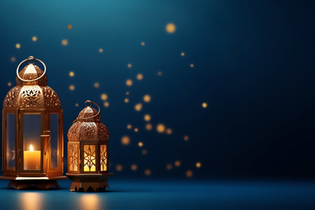 Ramadan Kareem background with lanterns and lights. 3d renderingの写真素材