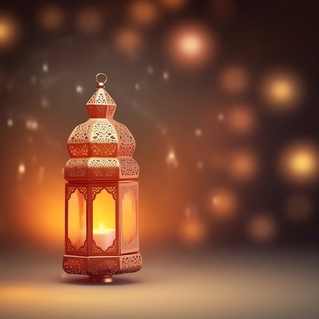 Lantern with bokeh background. Ramadan Kareem greeting card