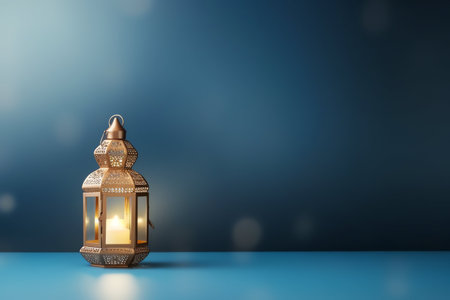 Lantern on blue background. Ramadan Kareem concept. 3D Renderingの写真素材