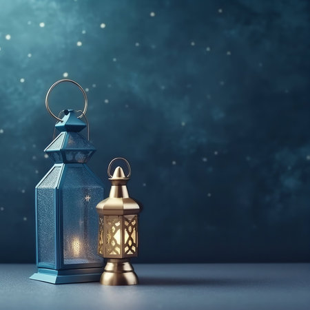 Lantern on blue background. Ramadan Kareem greeting card. 3D renderingの写真素材