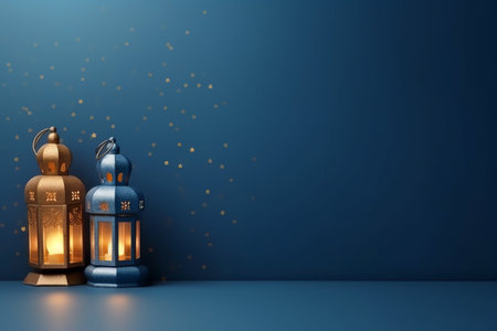 Ramadan Kareem background with arabic lanterns on blue backgroundの写真素材