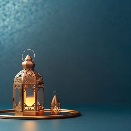 3d rendering of lantern on blue background with copy spaceの写真素材