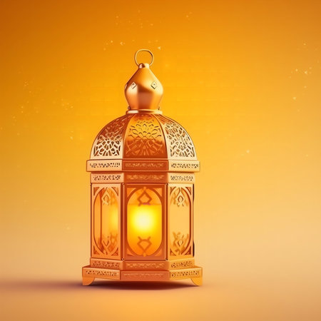 Golden Ramadan Kareem lamp on yellow background. 3D rendering.