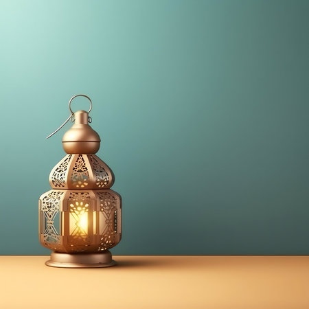 Ramadan Kareem Greeting Card. Vintage Lantern on Table. 3D Render
