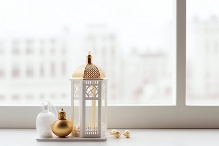 Lantern with golden ornaments on white windowsill