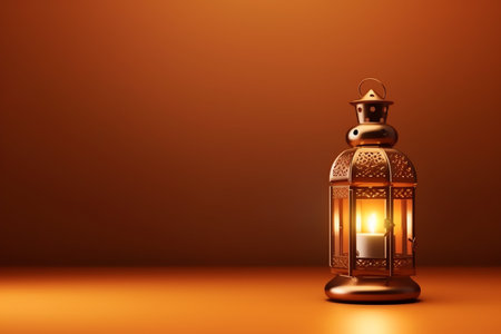 Lantern with burning candle on orange background. Ramadan Kareem concept