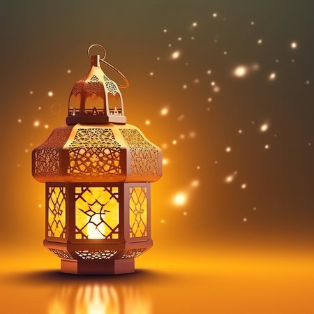Ramadan Kareem greeting card with glowing lantern. Vector illustration.