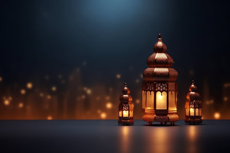 Ramadan Kareem greeting card. Arabic lanterns on blurred background