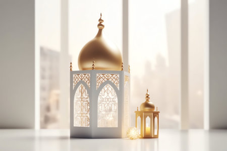 3d rendering of a mosque with lanterns in front of the windowの写真素材