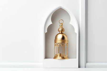 3d rendering of golden oriental lantern on white wall background. Ramadan Kareem concept.